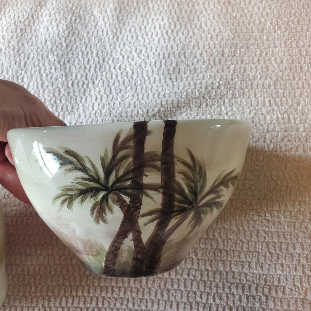 Bahamas Hand Painted Collection Palm Tree Ceramic Bowls Set of 2 Tropical Cream